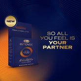 A blue and orange Durex Intense Nitrile (Non-Latex) Condoms box marked "NEW" sits on a blue background. Gold text reads: "So all you feel is your partner." Highlights include better body-heat transfer and premium non-latex material.
